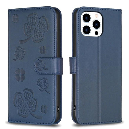 Four Leaf Embossed Leather Wallet Case For iPhone 14 Series navy blue folio with card slots and magnetic closure