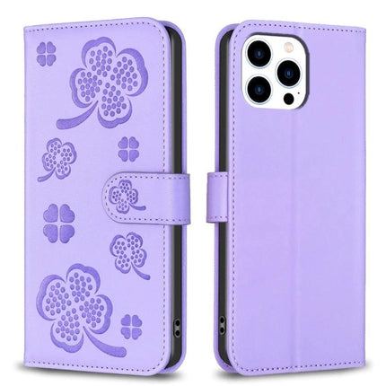 Four Leaf Embossed Leather Wallet Case For iPhone 14 Series in lavender with embossed clover design, card slots and cash pocket, TPU frame and PU leather