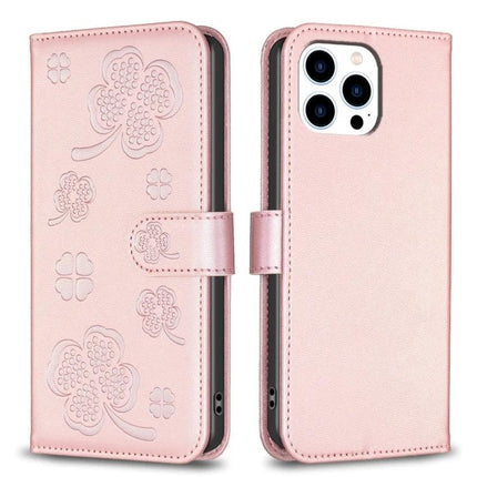 Four Leaf Embossed Leather Wallet Case For iPhone 14 Series - pink PU leather folio with card slots, cash pocket and TPU frame protection