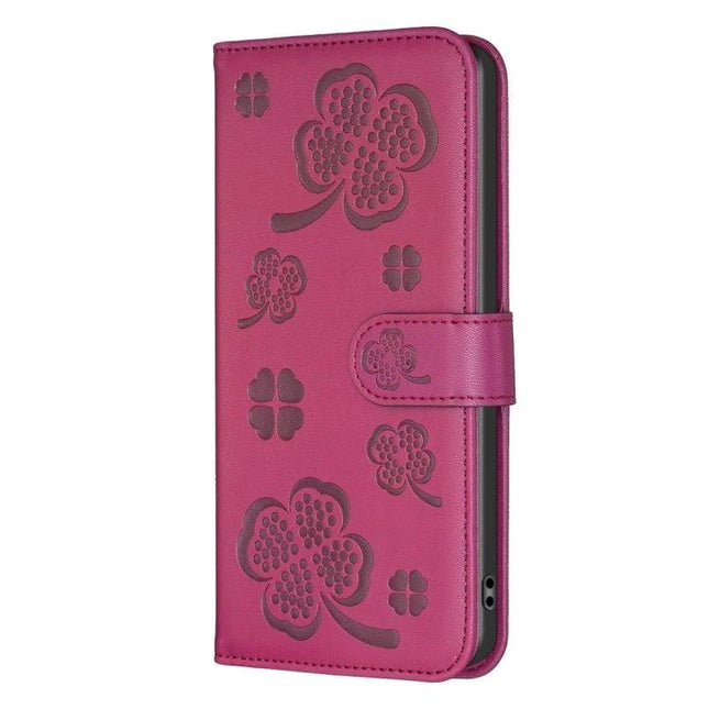 Four Leaf Embossed Leather Wallet Case For iPhone 14 Series in pink PU leather with card slots and magnetic closure