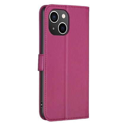 Four Leaf Embossed Leather Wallet Case For iPhone 14 Series in magenta with card slots, cash pocket and TPU frame for durable everyday protection