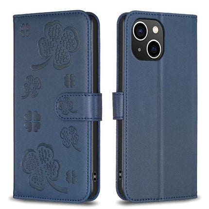Four Leaf Embossed Leather Wallet Case For iPhone 14 Series - blue PU leather folio with card slots, cash pocket and TPU bumper protection