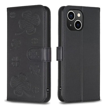 Four Leaf Embossed Leather Wallet Case For iPhone 14 Series - black PU leather wallet case with card slots and TPU frame