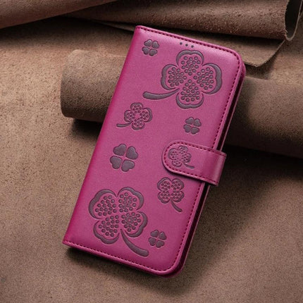 Four Leaf Embossed Leather Wallet Case For iPhone 16 Pro Max 16 Pro 16 Plus - magenta PU leather folio with card slots and TPU inner shell