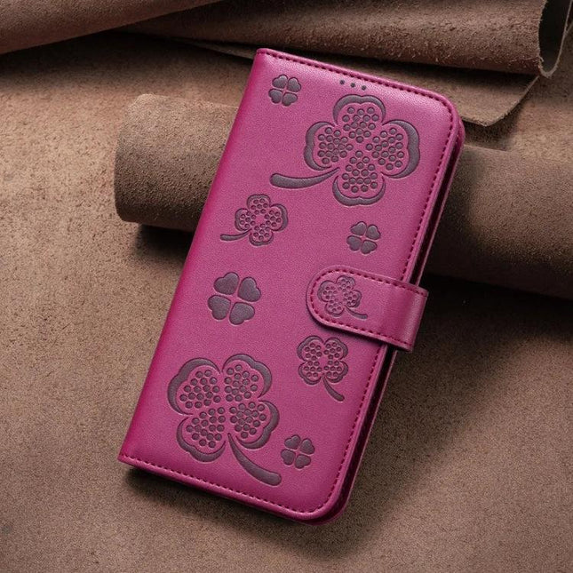 Four Leaf Embossed Leather Wallet Case For iPhone 16 Pro Max 16 Pro 16 Plus - magenta PU leather folio with card slots and TPU inner shell