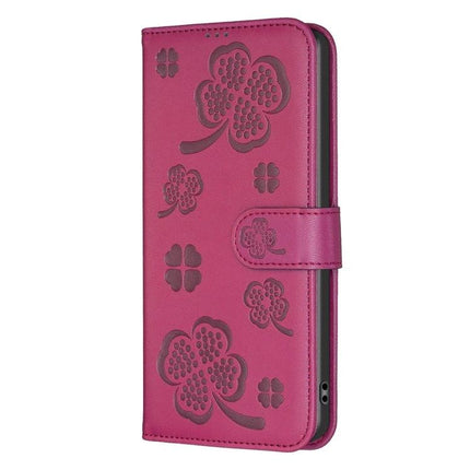 Four Leaf Embossed Leather Wallet Case For iPhone 16 Pro Max 16 Pro 16 Plus - pink embossed four-leaf wallet phone case with card slots and magnetic closure
