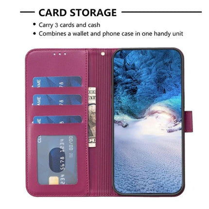 Four Leaf Embossed Leather Wallet Case For iPhone 16 Pro Max 16 Pro 16 Plus showing card slots, cash pocket and phone in magenta PU leather