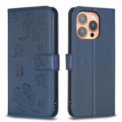 Four Leaf Embossed Leather Wallet Case For iPhone 16 Pro Max 16 Pro 16 Plus - blue PU leather folio with card slots, TPU shell, magnetic clasp, camera cutout