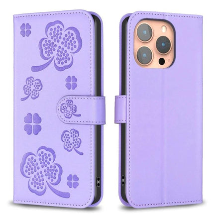 Four Leaf Embossed Leather Wallet Case For iPhone 16 Pro Max 16 Pro 16 Plus - lavender PU leather card slots TPU shell protective folio