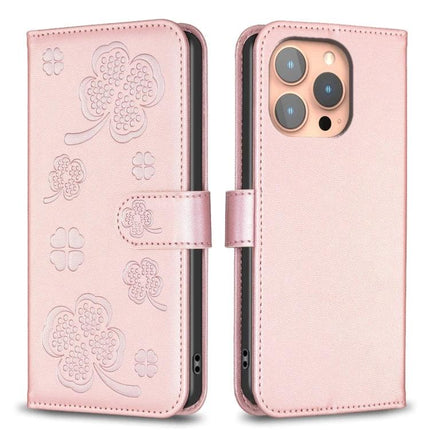 Four Leaf Embossed Leather Wallet Case For iPhone 16 Pro Max 16 Pro 16 Plus - pink PU leather wallet case with card slots and TPU shell, floral embossed design