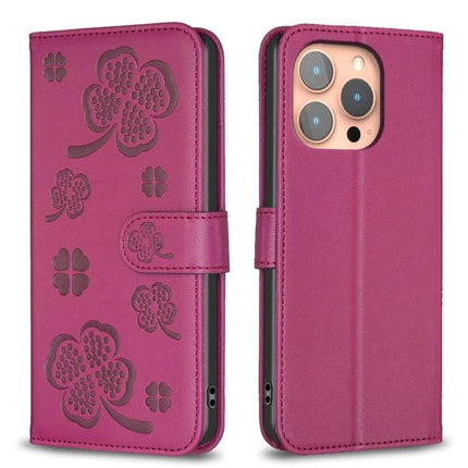 Four Leaf Embossed Leather Wallet Case For iPhone 16 Pro Max 16 Pro 16 Plus in pink PU leather with card slots, TPU shell, magnetic closure, embossed clover design