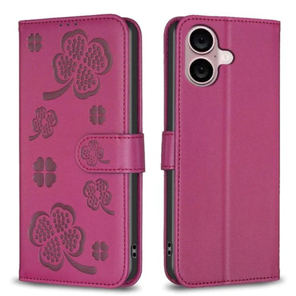 Four Leaf Embossed Leather Wallet Case For iPhone 16 Pro Max 16 Pro 16 Plus - pink embossed four-leaf wallet phone case with card slots and TPU inner shell