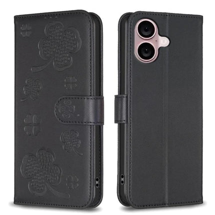 Four Leaf Embossed Leather Wallet Case For iPhone 16 Pro Max 16 Pro 16 Plus - black PU leather folio with card slots and TPU shell protection