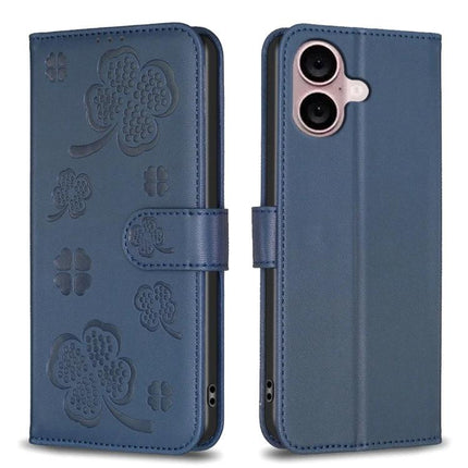 Four Leaf Embossed Leather Wallet Case For iPhone 16 Pro Max 16 Pro 16 Plus - blue embossed clover PU leather wallet case with card slots and magnetic closure