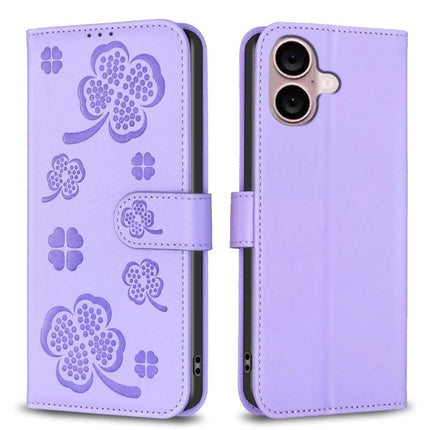 Four Leaf Embossed Leather Wallet Case For iPhone 16 Pro Max 16 Pro 16 Plus in lavender with embossed four-leaf clover design, card slots and TPU inner shell protection