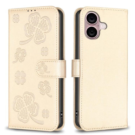 Four Leaf Embossed Leather Wallet Case For iPhone 16 Pro Max 16 Pro 16 Plus - beige PU leather folio with card slots and embossed four-leaf clover design