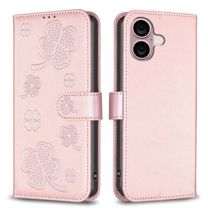 Four Leaf Embossed Leather Wallet Case For iPhone 16 Pro Max 16 Pro 16 Plus - pink embossed four-leaf wallet folio with card slots and magnetic closure