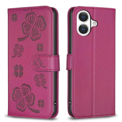 Four Leaf Embossed Leather Wallet Case For IPhone 17 Pro Max, Pro, 17, Air - pink PU leather folio with card slots, TPU interior and kickstand