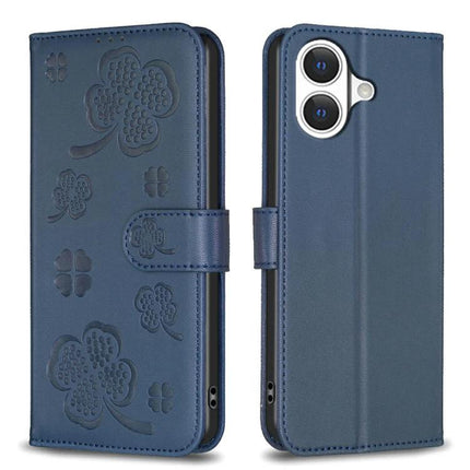 Four Leaf Embossed Leather Wallet Case For IPhone 17 Pro Max, Pro, 17, Air - blue TPU interior PU leather card holder kickstand