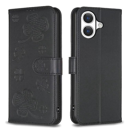 Four Leaf Embossed Leather Wallet Case For IPhone 17 Pro Max, Pro, 17, Air - black PU leather wallet case with four-leaf embossing, card slots, kickstand