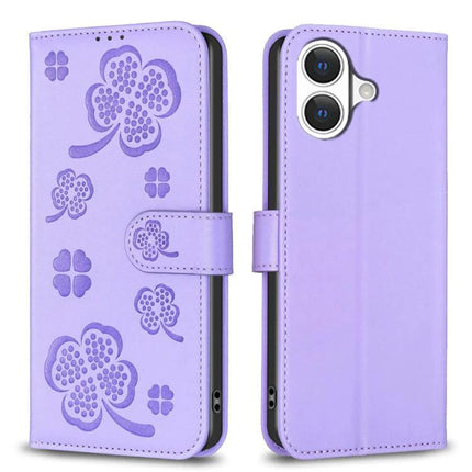 Four Leaf Embossed Leather Wallet Case For IPhone 17 Pro Max, Pro, 17, Air lilac PU leather folio with card slots and kickstand
