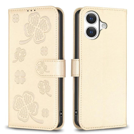 Four Leaf Embossed Leather Wallet Case For IPhone 17 Pro Max, Pro, 17, Air - beige PU leather folio with card slots and kickstand