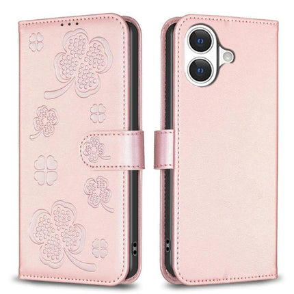 Four Leaf Embossed Leather Wallet Case For IPhone 17 Pro Max, Pro, 17, Air - pink folio wallet with card slots, TPU interior and kickstand