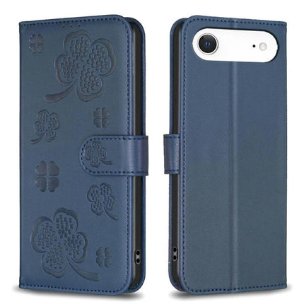Four Leaf Embossed Leather Wallet Case For IPhone 17 Pro Max, Pro, 17, Air - blue PU leather wallet case with embossed four-leaf design and card slots
