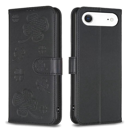 Four Leaf Embossed Leather Wallet Case For IPhone 17 Pro Max, Pro, 17, Air - black PU leather wallet with TPU interior, card slots, kickstand and embossed four-leaf design