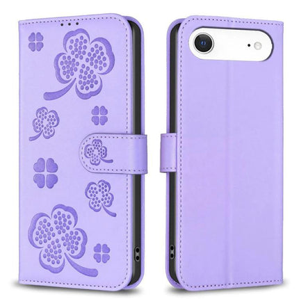 Four Leaf Embossed Leather Wallet Case For IPhone 17 Pro Max, Pro, 17, Air purple four-leaf PU leather wallet with card slots and kickstand