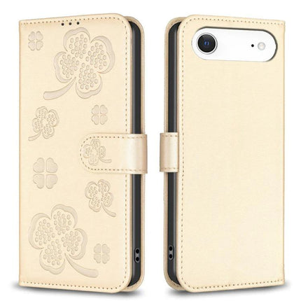 Four Leaf Embossed Leather Wallet Case For IPhone 17 Pro Max, Pro, 17, Air beige PU leather wallet case with card slots and kickstand
