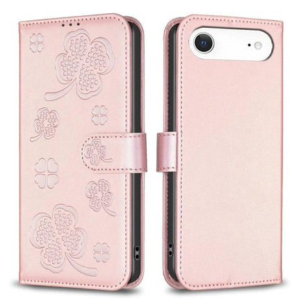Four Leaf Embossed Leather Wallet Case For IPhone 17 Pro Max, Pro, 17, Air - pink PU leather folio with card slots and kickstand
