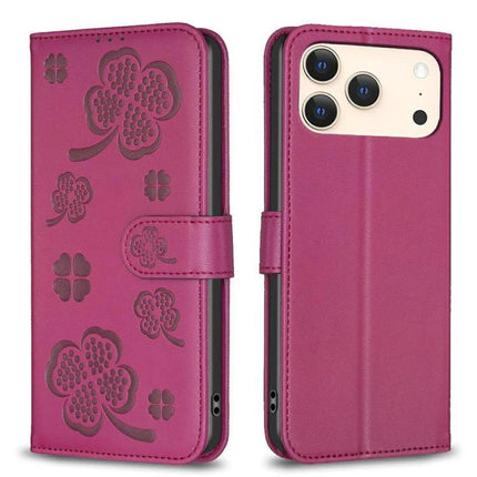 Four Leaf Embossed Leather Wallet Case For IPhone 17 Pro Max, Pro, 17, Air - pink PU leather wallet with four-leaf embossing and card slots