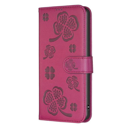 Four Leaf Embossed Leather Wallet Case For IPhone 17 Pro Max, Pro, 17, Air - pink wallet phone case with card slots and kickstand