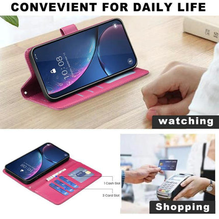 Four Leaf Embossed Leather Wallet Case For IPhone 17 Pro Max, Pro, 17, Air shown in pink wallet style with card slots and kickstand for hands-free viewing