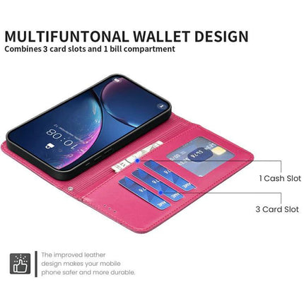 Four Leaf Embossed Leather Wallet Case For IPhone 17 Pro Max, Pro, 17, Air showing pink wallet case with 3 card slots, 1 cash slot, TPU interior and PU leather exterior