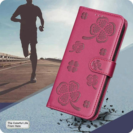 Four Leaf Embossed Leather Wallet Case For IPhone 17 Pro Max, Pro, 17, Air pink PU leather wallet case with card slots and kickstand