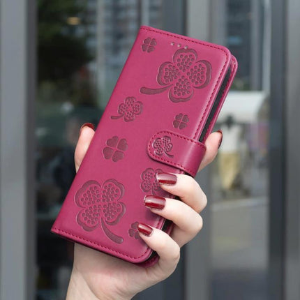 Four Leaf Embossed Leather Wallet Case For IPhone 17 Pro Max, Pro, 17, Air - pink PU leather card wallet with TPU interior and stand