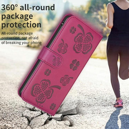 Four Leaf Embossed Leather Wallet Case For IPhone 17 Pro Max, Pro, 17, Air showing pink PU leather wallet case with TPU interior, card slots and kickstand protection