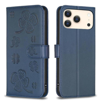 Four Leaf Embossed Leather Wallet Case For IPhone 17 Pro Max, Pro, 17, Air - navy blue PU leather wallet case with card slots and kickstand