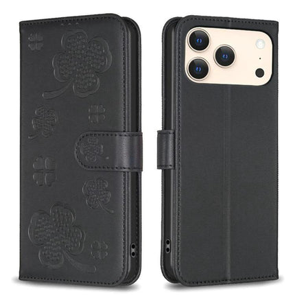 Four Leaf Embossed Leather Wallet Case For IPhone 17 Pro Max, Pro, 17, Air - black PU leather wallet case with TPU interior, card slots and kickstand