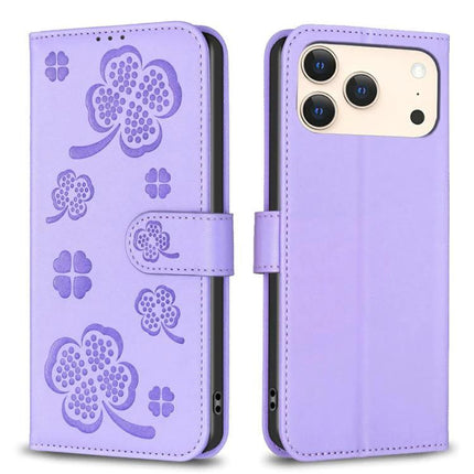 Four Leaf Embossed Leather Wallet Case For IPhone 17 Pro Max, Pro, 17, Air - lavender PU leather wallet case with embossed clover design, card slots, kickstand