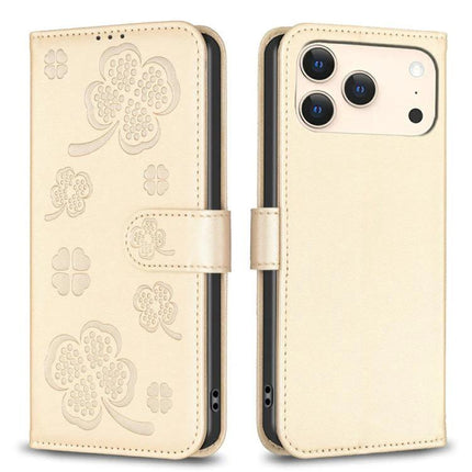 Four Leaf Embossed Leather Wallet Case For IPhone 17 Pro Max, Pro, 17, Air - beige PU leather folio with card slots and kickstand