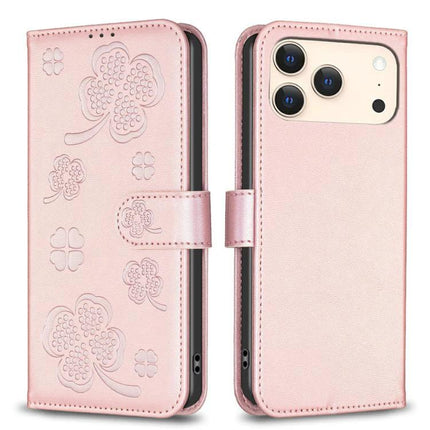 Four Leaf Embossed Leather Wallet Case For IPhone 17 Pro Max, Pro, 17, Air - pink floral PU leather wallet case with card slots and kickstand