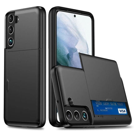 Durable Phone Case With Card Slot For Everyday Use - black slim protective case with sliding card pocket holding a VISA card
