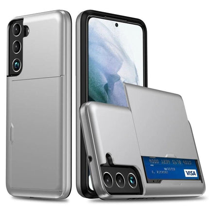 Durable Phone Case With Card Slot For Everyday Use showing silver protective case with built-in card slot holding a Visa card