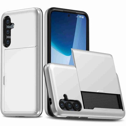 Samsung Phone Case For Daily Protection with thickened edges, raised camera lip and sliding card slot in silver