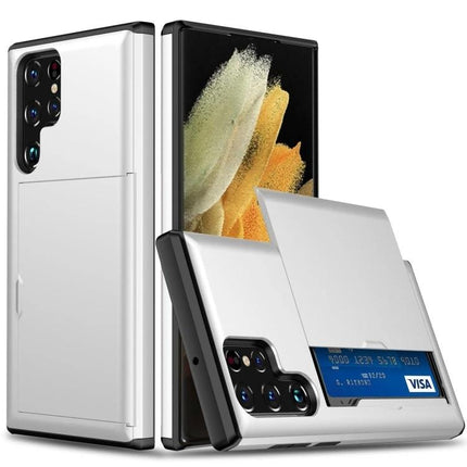Samsung Phone Case For Daily Protection with card slot, raised edges and durable PC shell in silver