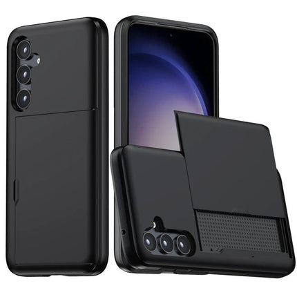 Durable Phone Case With Card Slot For Everyday Use - black protective phone case with sliding card slot, durable PC TPU protection, slim everyday carry