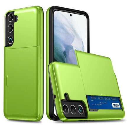 Daily Protective Case For Samsung Galaxy S25 With Card Slot in green showing card slot, raised edges and camera protection